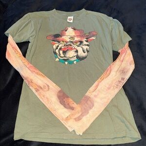 Ed Hardy Green Graphic Bulldog Tee with Tattoo Sleeve Overlay🍀